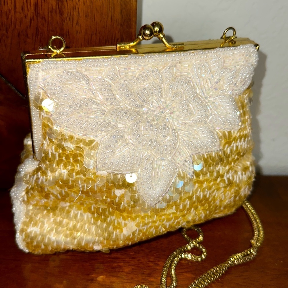 Woman’s Beaded with Sequins Evening Golden Bag